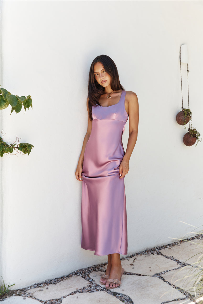 satin midi dress purple Lavender Satin Midi Dress, Corseted Sleeveless Gown, Detachable Sleeves
